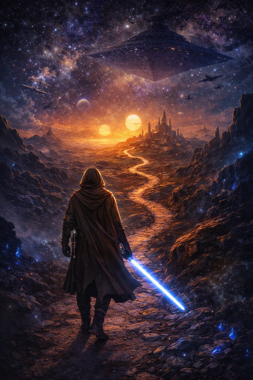 héroe en camino hacia la ciudad futurista