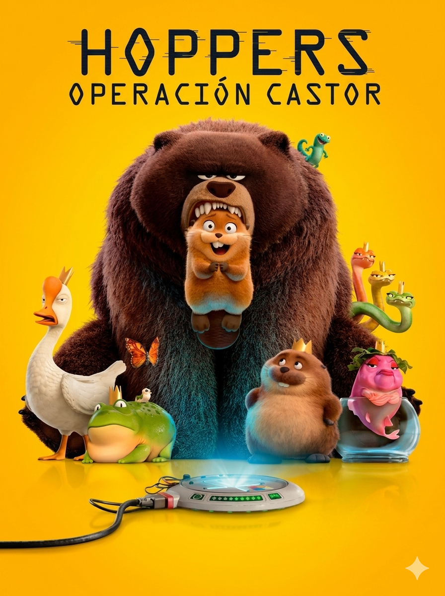 Póster de la película de Disney y Pixar "Hoppers: Operación Castor". Hay un fondo amarillo y en el centro está un gran oso con un castor sonriente en la boca. Alrededor de ellos se encuentran varios animales, un pato blanco, una rana verde con corona, un castor sentado y un pez rosa dentro de una pecera. En la parte inferior se ve un dispositivo tecnológico circular. El título "HOPPERS OPERACIÓN CASTOR" aparece en letras negras en la parte superior.